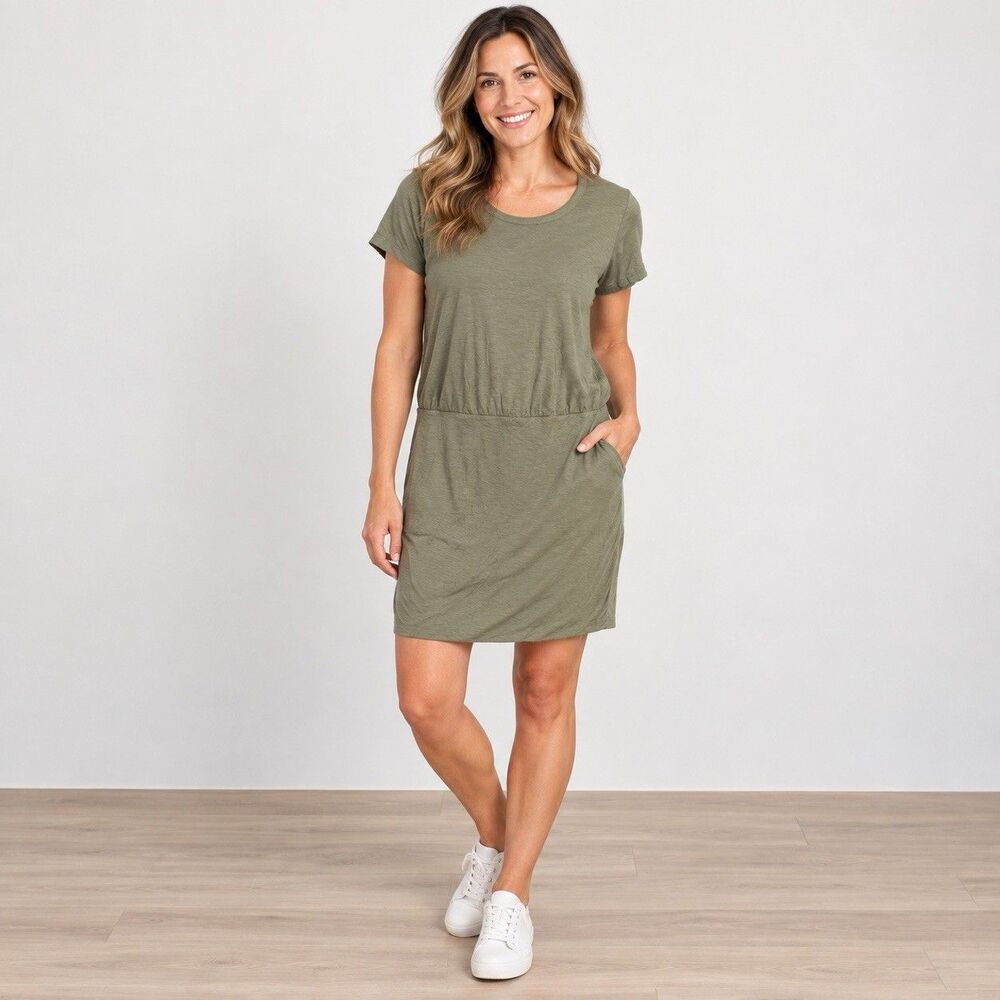 James Perse Standard Dress Sz 4 Green Blouson Cotton Modal Minimalist Clean Girl